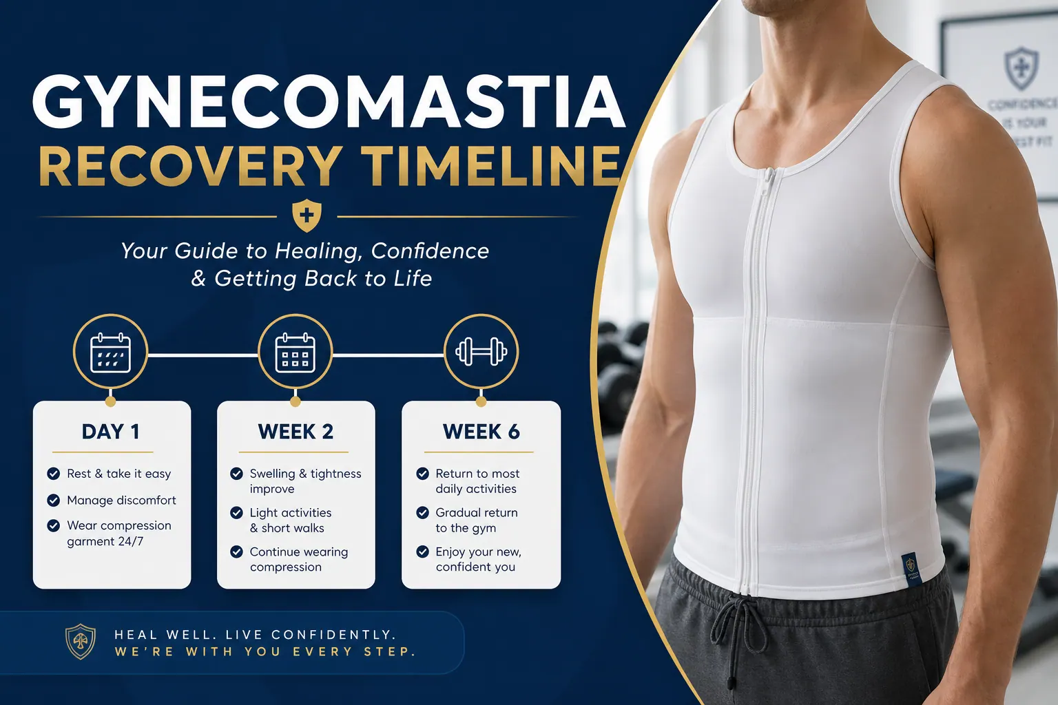 Gynecomastia recovery timeline — compression garment and week-by-week healing after male chest reduction surgery.